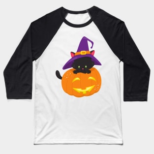 Halloween Cat, Black Cat, Witch Hat, Pumpkin Baseball T-Shirt